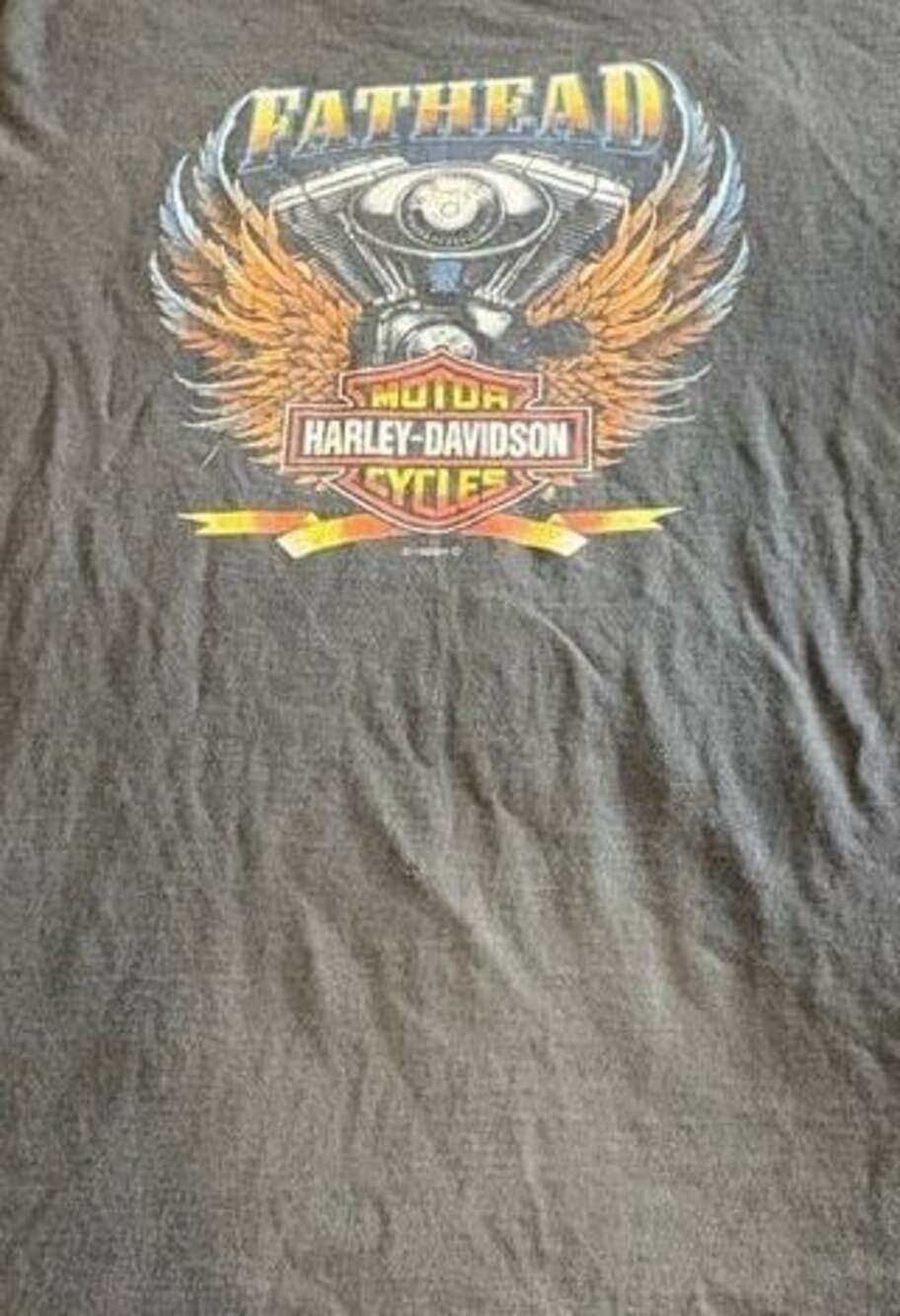 Vintage Harley-Davidson Black Fathead Graphic Tee with Orange Wings
